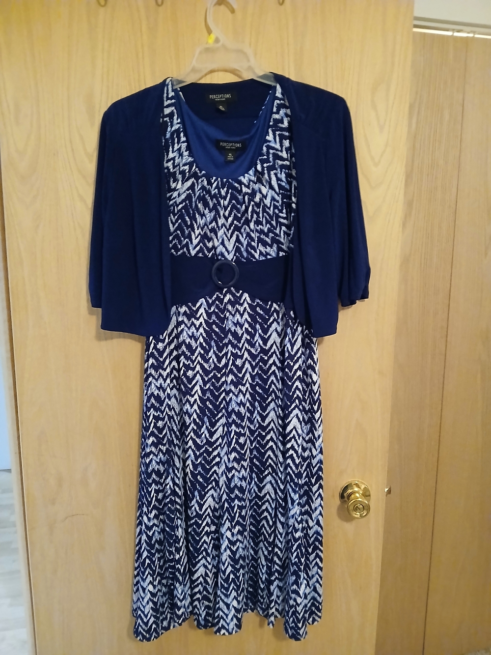 Perceptions Navy and White Printed Midi Dress with Navy Shrug
